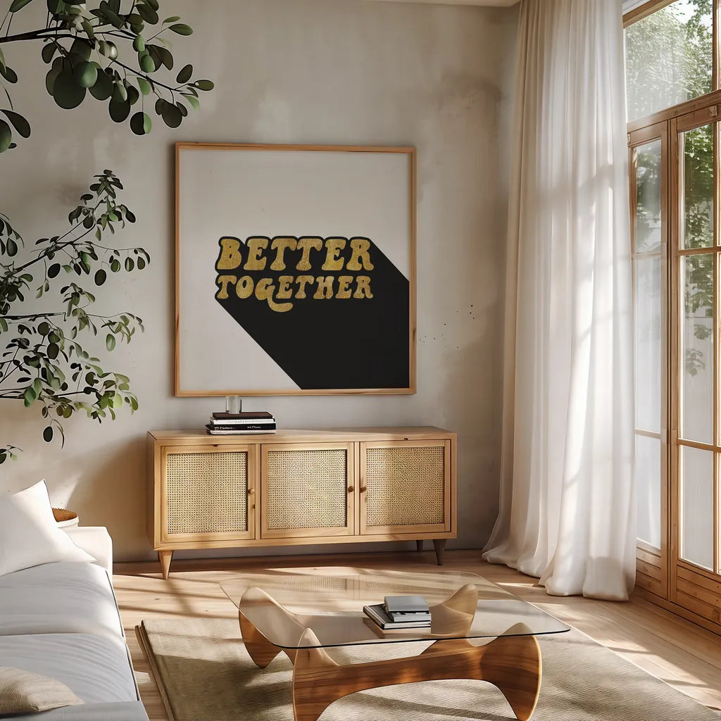 Better Together II BG by Wild Apple Portfolio. Shown in a natural wood frame in a cozy modern living room. Available as an archival giclee rolled canvas, fine art paper, or poster print. SKU 68995a.
