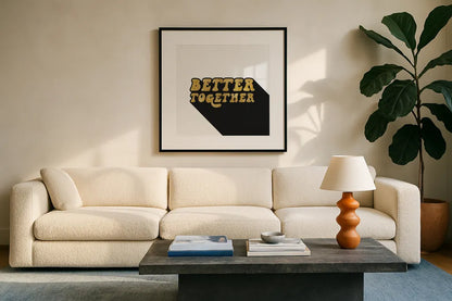 Better Together II BG by Wild Apple Portfolio. Displayed in a glass frame with matte in a clean modern living room. Available as an archival giclee rolled canvas, fine art paper, or poster print. SKU 68995a.