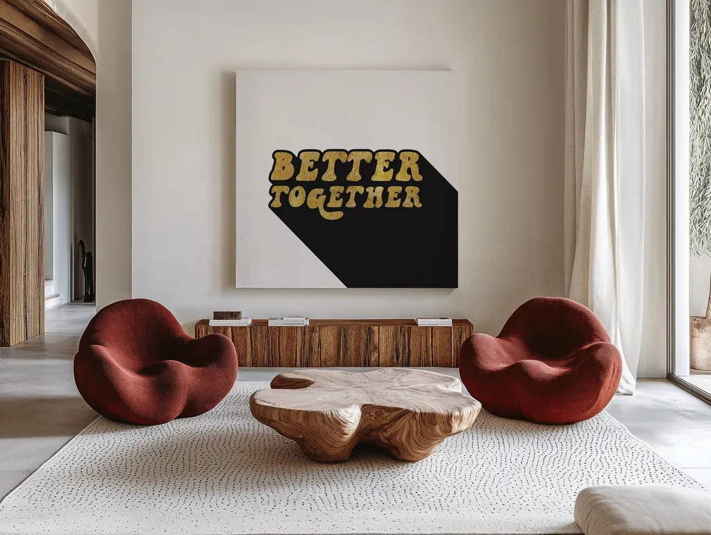 Better Together II BG by Wild Apple Portfolio. Shown as extra-large giant wall art in a modern living room. Available as an archival giclee rolled canvas, fine art paper, or poster print. SKU 68995a.