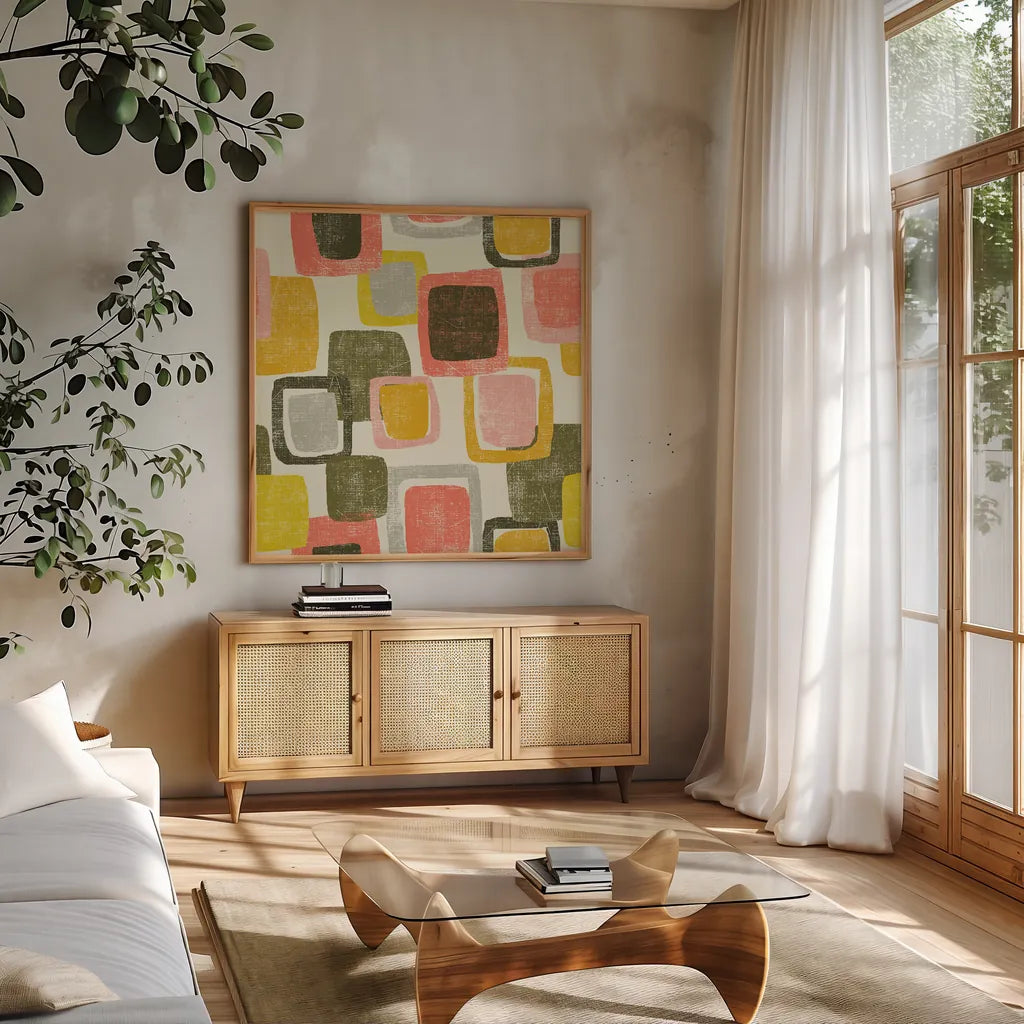 Blocks by Wild Apple Portfolio. Shown in a natural wood frame in a cozy modern living room. Available as an archival giclee rolled canvas, fine art paper, or poster print. SKU 87003a.