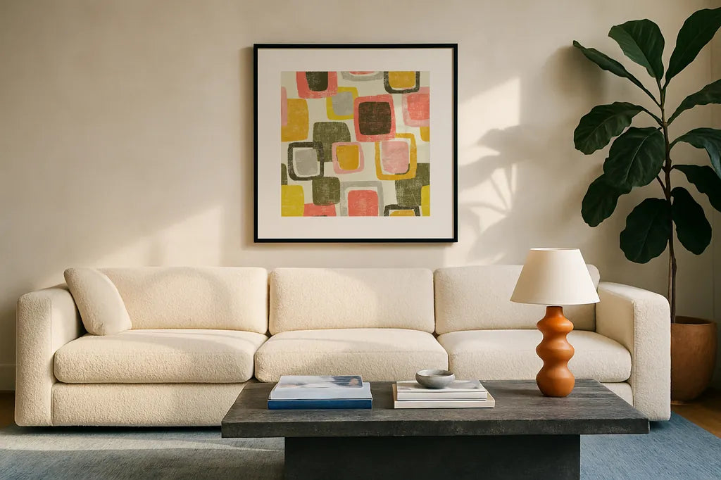 Blocks by Wild Apple Portfolio. Displayed in a glass frame with matte in a clean modern living room. Available as an archival giclee rolled canvas, fine art paper, or poster print. SKU 87003a.