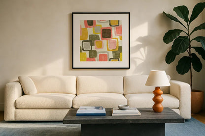 Blocks by Wild Apple Portfolio. Displayed in a glass frame with matte in a clean modern living room. Available as an archival giclee rolled canvas, fine art paper, or poster print. SKU 87003a.