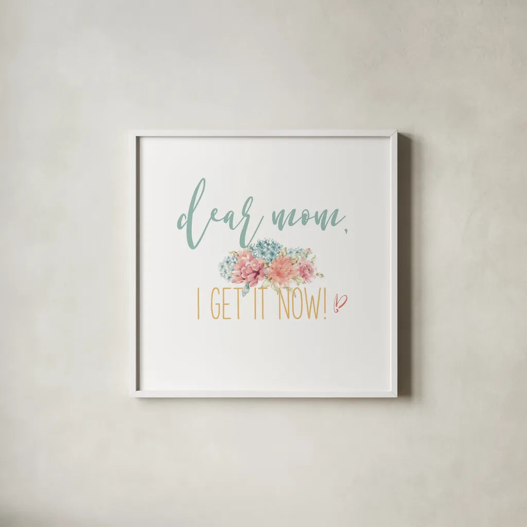 Bloom Mom Inspiration I by Wild Apple Portfolio. Shown in a crisp white glass frame for a clean and minimalist style. Available as an archival giclee rolled canvas, fine art paper, or poster print. SKU 57245a.