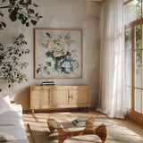 Bloom Where You Are Planted Spring No Words by Wild Apple Portfolio. Shown in a natural wood frame in a cozy modern living room. Available as an archival giclee rolled canvas, fine art paper, or poster print. SKU 24623a.