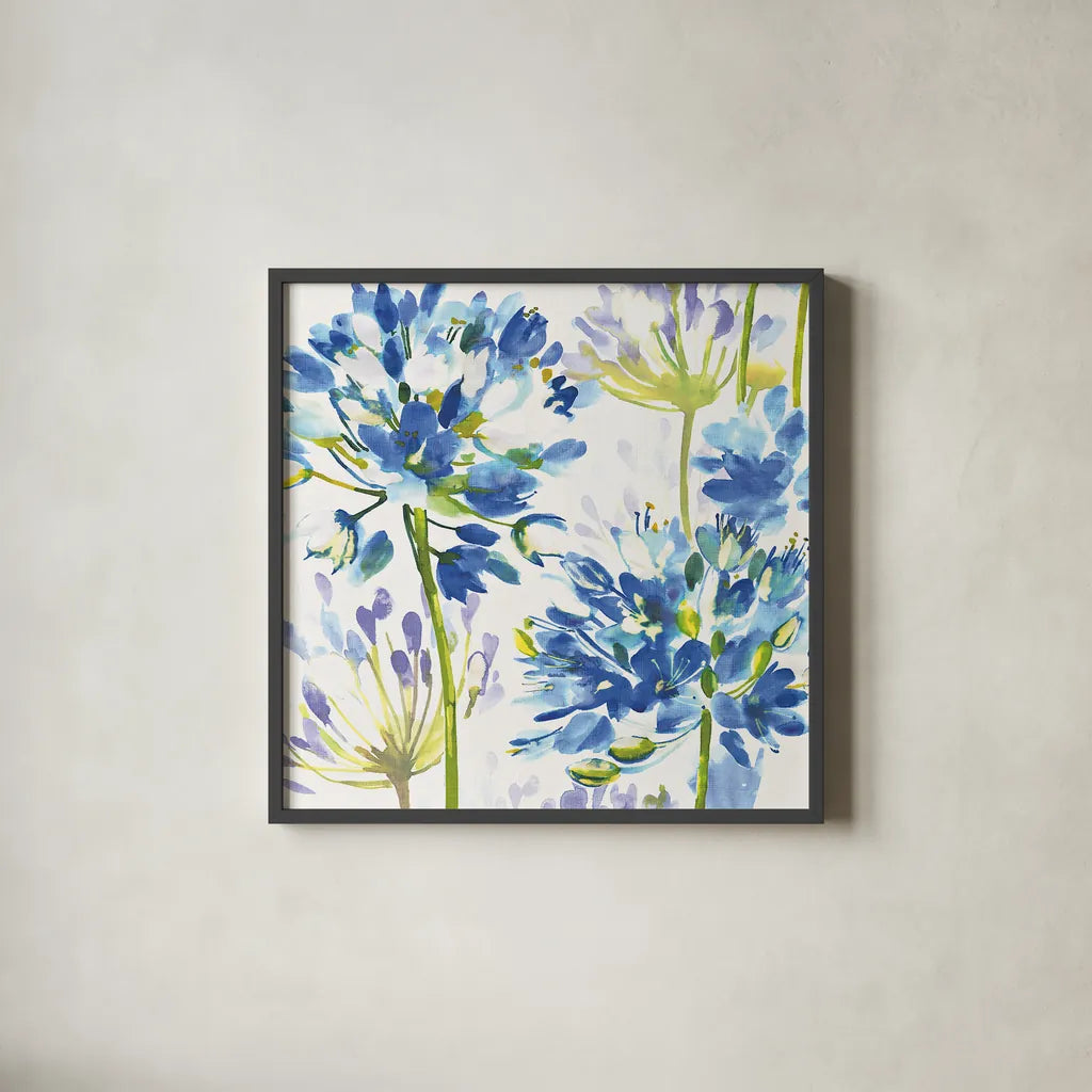Blue Medley III by Wild Apple Portfolio. Shown in a sleek black glass frame for a contemporary gallery look. Available as an archival giclee rolled canvas, fine art paper, or poster print. SKU 13258a.