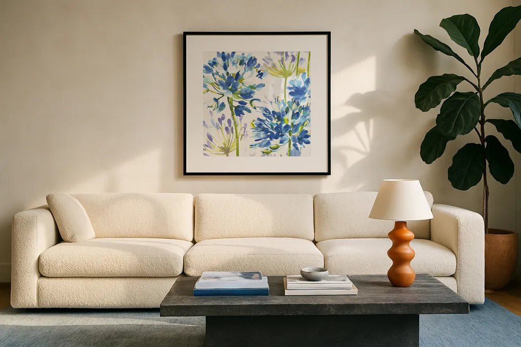 Blue Medley III by Wild Apple Portfolio. Displayed in a glass frame with matte in a clean modern living room. Available as an archival giclee rolled canvas, fine art paper, or poster print. SKU 13258a.