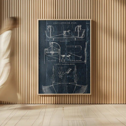 Boat Launching Blueprint I by Wild Apple Portfolio. shown as over sized large wall art. Available as an archival giclee rolled canvas, fine art paper, or poster print. SKU 25716h.