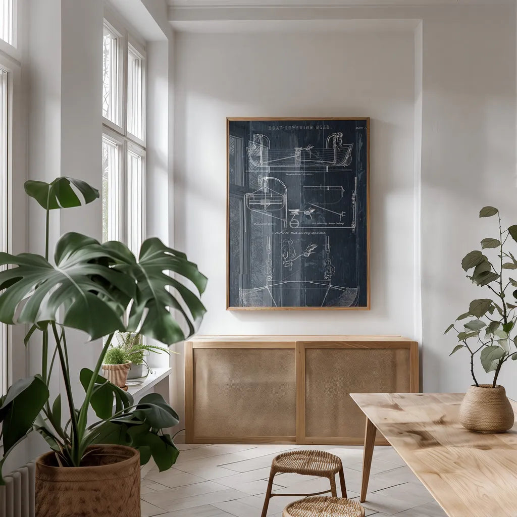 Boat Launching Blueprint I by Wild Apple Portfolio. shown as a print in a natural wood frame in a dining room. Available as a archival giclee rolled canvas, fine art paper, or poster print. SKU 25716h.