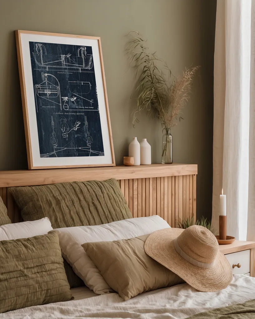 Boat Launching Blueprint I by Wild Apple Portfolio. shown as a paper print in a natural frame. Available as a archival giclee rolled canvas, fine art paper, or poster print. SKU 25716h.