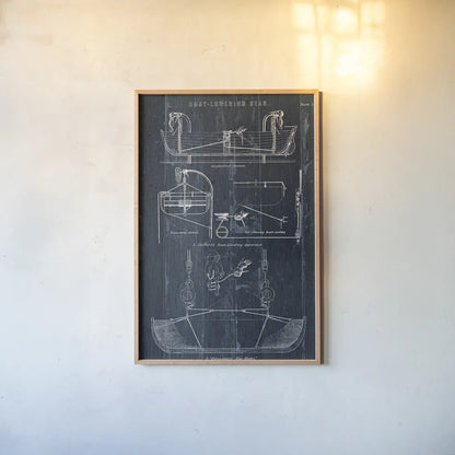 Boat Launching Blueprint I by Wild Apple Portfolio. shown as a paper print in a natural frame. Available as a archival giclee rolled canvas, fine art paper, or poster print. SKU 25716h.