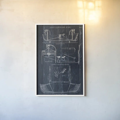 Boat Launching Blueprint I by Wild Apple Portfolio. shown as a paper print in a white frame. Available as a archival giclee rolled canvas, fine art paper, or poster print. SKU 25716h.