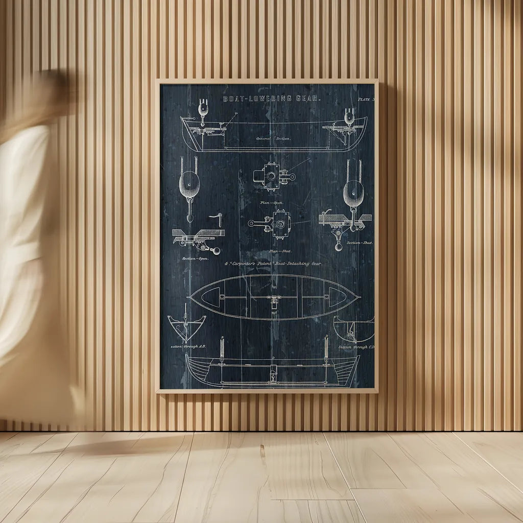 Boat Launching Blueprint II by Wild Apple Portfolio. shown as over sized large wall art. Available as an archival giclee rolled canvas, fine art paper, or poster print. SKU 25717h.