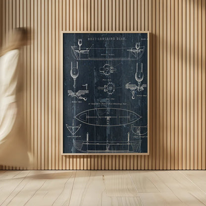 Boat Launching Blueprint II by Wild Apple Portfolio. shown as over sized large wall art. Available as an archival giclee rolled canvas, fine art paper, or poster print. SKU 25717h.