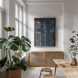 Boat Launching Blueprint II by Wild Apple Portfolio. shown as a print in a natural wood frame in a dining room. Available as a archival giclee rolled canvas, fine art paper, or poster print. SKU 25717h.