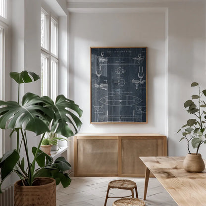 Boat Launching Blueprint II by Wild Apple Portfolio. shown as a print in a natural wood frame in a dining room. Available as a archival giclee rolled canvas, fine art paper, or poster print. SKU 25717h.