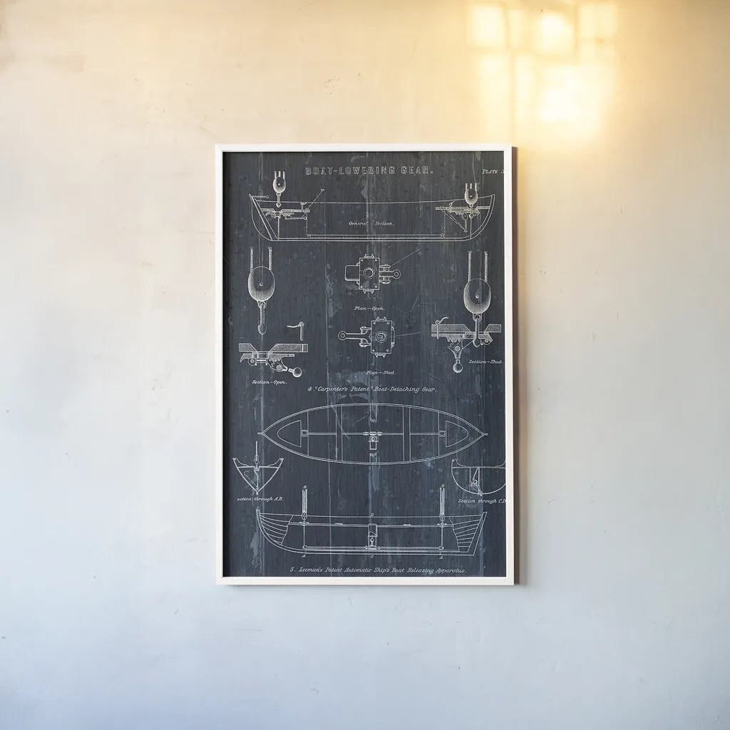 Boat Launching Blueprint II by Wild Apple Portfolio. shown as a paper print in a white frame. Available as a archival giclee rolled canvas, fine art paper, or poster print. SKU 25717h.