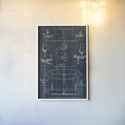 Boat Launching Blueprint II by Wild Apple Portfolio. shown as a paper print in a white frame. Available as a archival giclee rolled canvas, fine art paper, or poster print. SKU 25717h.
