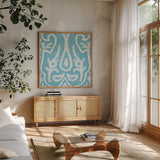 Boho Bright II by Wild Apple Portfolio. Shown in a natural wood frame in a cozy modern living room. Available as an archival giclee rolled canvas, fine art paper, or poster print. SKU 45807a.