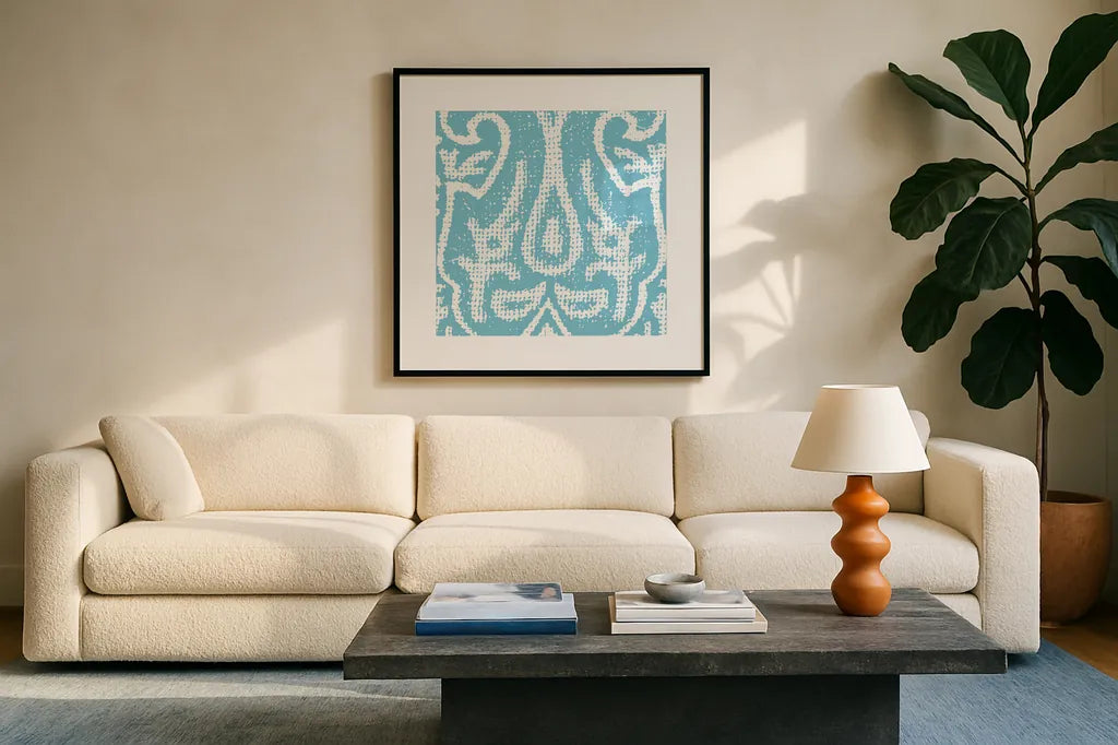 Boho Bright II by Wild Apple Portfolio. Displayed in a glass frame with matte in a clean modern living room. Available as an archival giclee rolled canvas, fine art paper, or poster print. SKU 45807a.