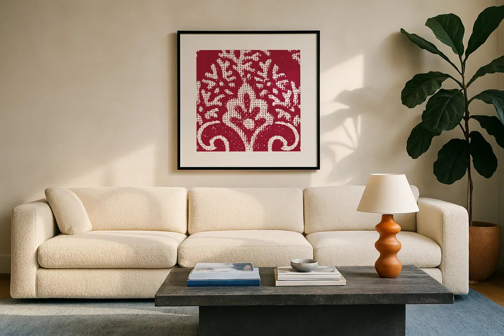 Boho Bright V by Wild Apple Portfolio. Displayed in a glass frame with matte in a clean modern living room. Available as an archival giclee rolled canvas, fine art paper, or poster print. SKU 45810a.