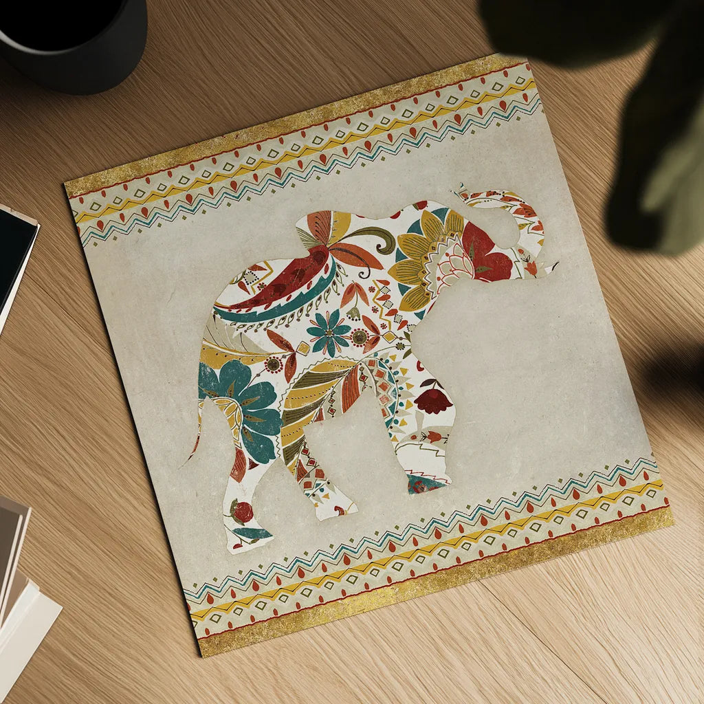 Boho Elephant I by Wild Apple Portfolio. Shown as a detailed flat fine art print, highlighting archival giclee quality. Available as an archival giclee rolled canvas, fine art paper, or poster print. SKU 21965a.