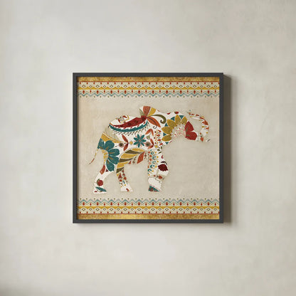 Boho Elephant I by Wild Apple Portfolio. Shown in a sleek black glass frame for a contemporary gallery look. Available as an archival giclee rolled canvas, fine art paper, or poster print. SKU 21965a.