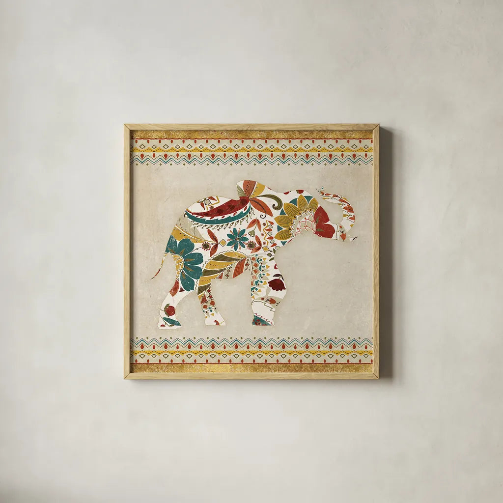 Boho Elephant I by Wild Apple Portfolio. Shown in a natural wood glass frame for a timeless modern aesthetic. Available as an archival giclee rolled canvas, fine art paper, or poster print. SKU 21965a.