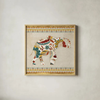 Boho Elephant I by Wild Apple Portfolio. Shown in a natural wood glass frame for a timeless modern aesthetic. Available as an archival giclee rolled canvas, fine art paper, or poster print. SKU 21965a.