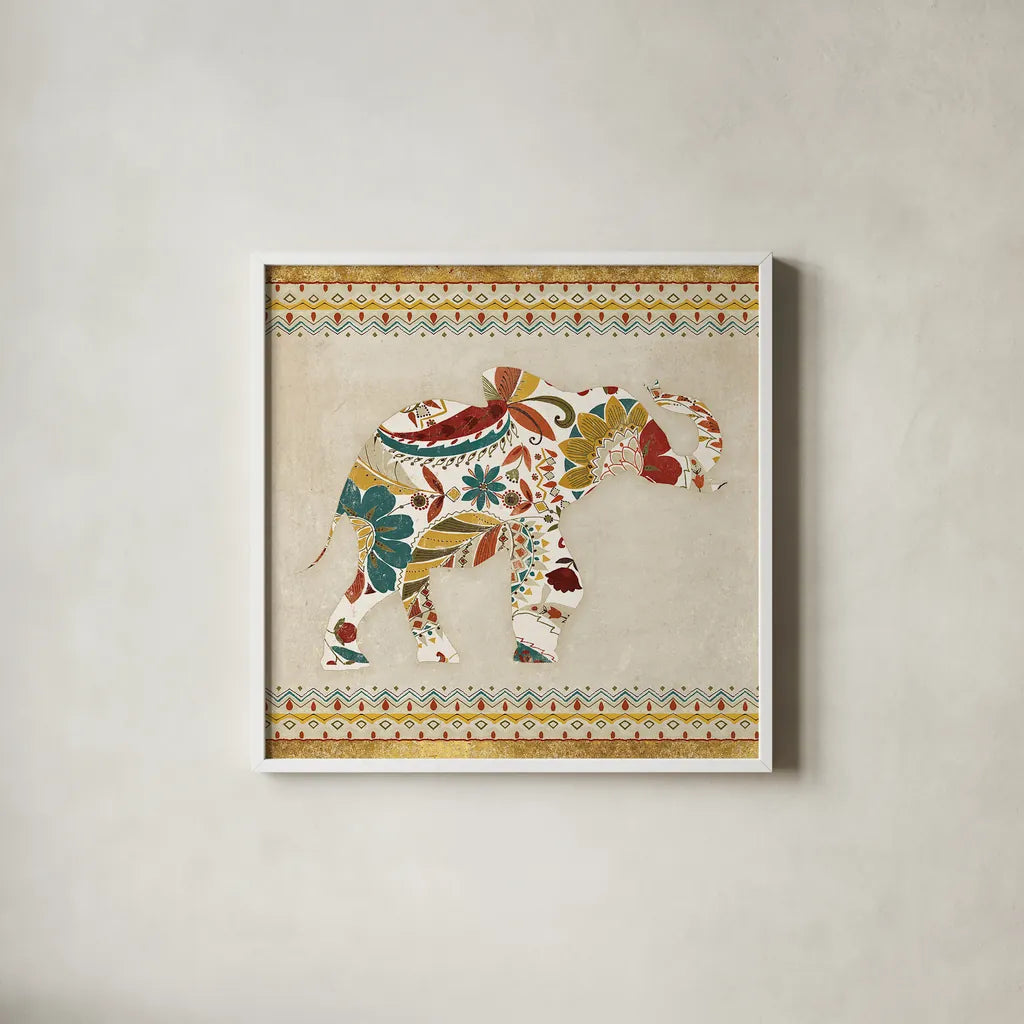 Boho Elephant I by Wild Apple Portfolio. Shown in a crisp white glass frame for a clean and minimalist style. Available as an archival giclee rolled canvas, fine art paper, or poster print. SKU 21965a.