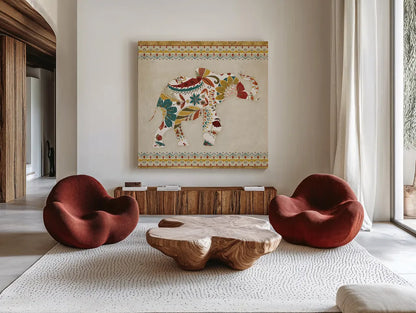 Boho Elephant I by Wild Apple Portfolio. Shown as extra-large giant wall art in a modern living room. Available as an archival giclee rolled canvas, fine art paper, or poster print. SKU 21965a.