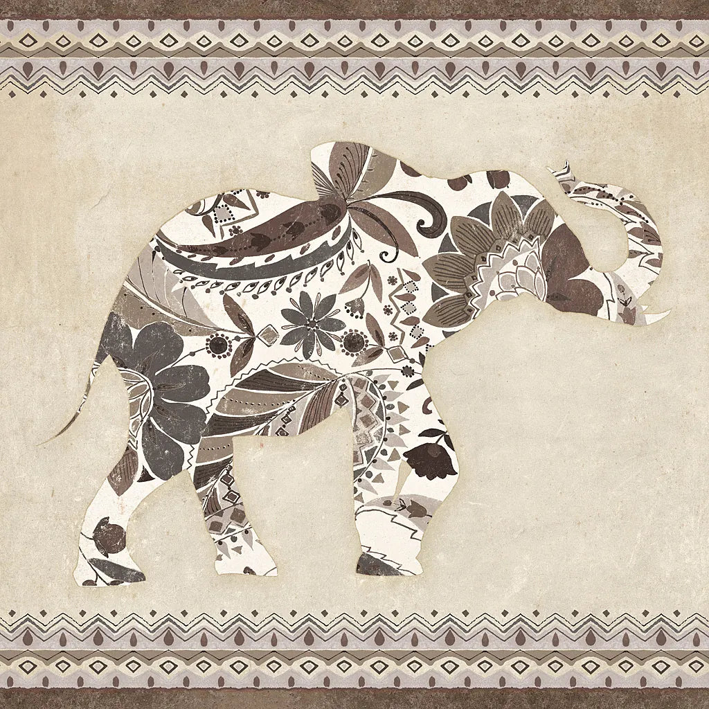 Boho Elephant I Neutral by Wild Apple Portfolio. SKU 22454a. Archival Giclee Fine art print for wall decor.