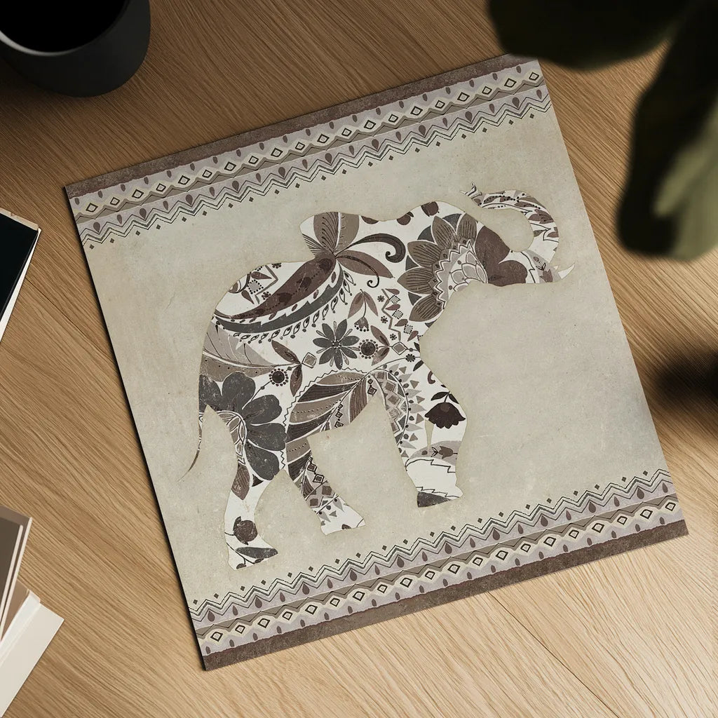 Boho Elephant I Neutral by Wild Apple Portfolio. Shown as a detailed flat fine art print, highlighting archival giclee quality. Available as an archival giclee rolled canvas, fine art paper, or poster print. SKU 22454a.