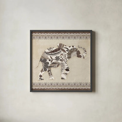 Boho Elephant I Neutral by Wild Apple Portfolio. Shown in a sleek black glass frame for a contemporary gallery look. Available as an archival giclee rolled canvas, fine art paper, or poster print. SKU 22454a.