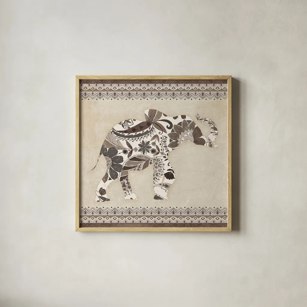 Boho Elephant I Neutral by Wild Apple Portfolio. Shown in a natural wood glass frame for a timeless modern aesthetic. Available as an archival giclee rolled canvas, fine art paper, or poster print. SKU 22454a.