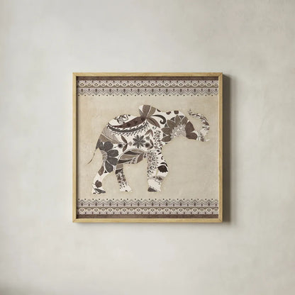 Boho Elephant I Neutral by Wild Apple Portfolio. Shown in a natural wood glass frame for a timeless modern aesthetic. Available as an archival giclee rolled canvas, fine art paper, or poster print. SKU 22454a.