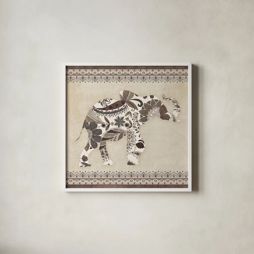 Boho Elephant I Neutral by Wild Apple Portfolio. Shown in a crisp white glass frame for a clean and minimalist style. Available as an archival giclee rolled canvas, fine art paper, or poster print. SKU 22454a.