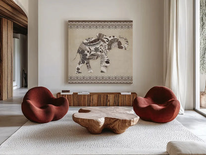Boho Elephant I Neutral by Wild Apple Portfolio. Shown as extra-large giant wall art in a modern living room. Available as an archival giclee rolled canvas, fine art paper, or poster print. SKU 22454a.