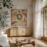 Boho Paisley Spice I by Wild Apple Portfolio. Shown in a natural wood frame in a cozy modern living room. Available as an archival giclee rolled canvas, fine art paper, or poster print. SKU 21655a.
