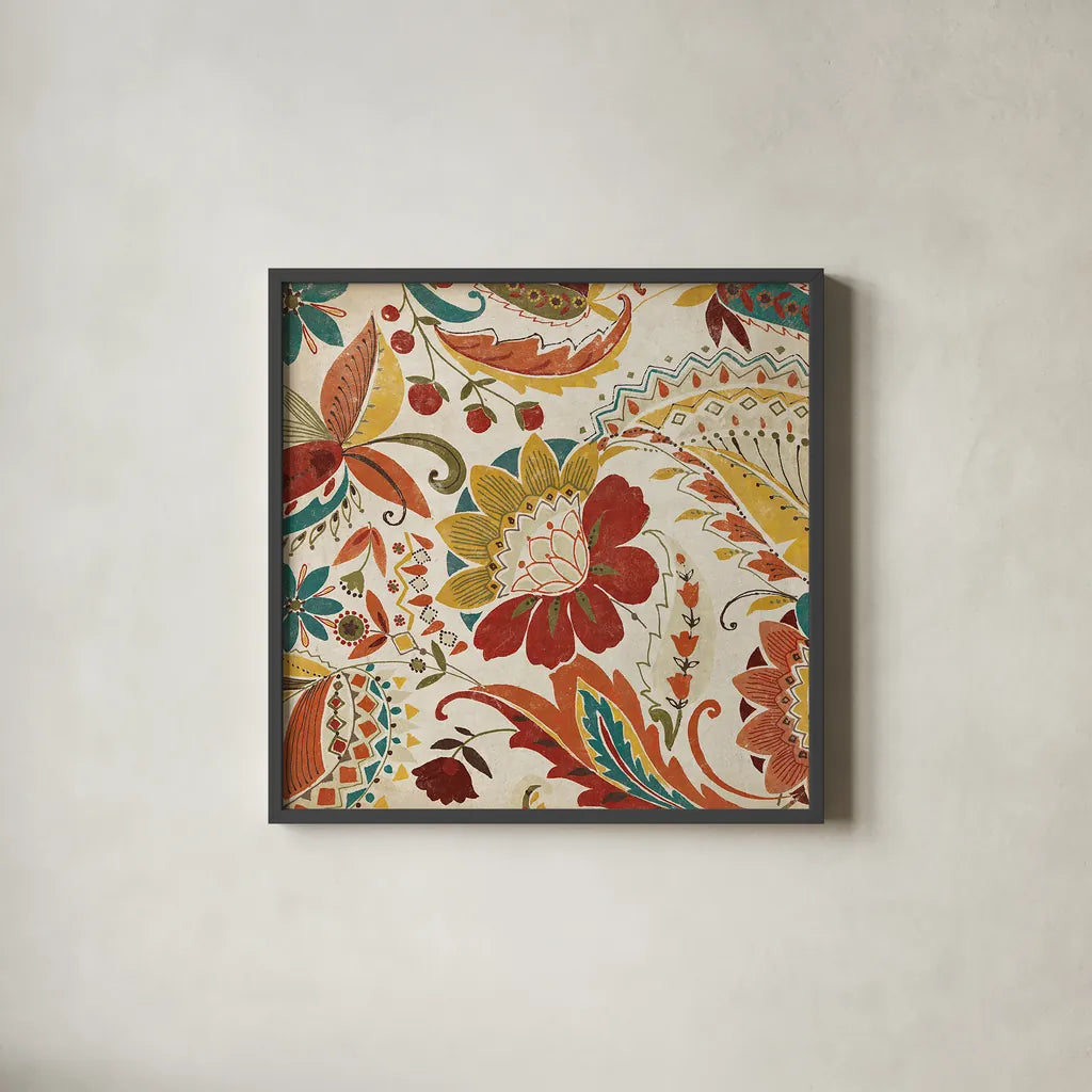 Boho Paisley Spice II by Wild Apple Portfolio. Shown in a sleek black glass frame for a contemporary gallery look. Available as an archival giclee rolled canvas, fine art paper, or poster print. SKU 21656a.