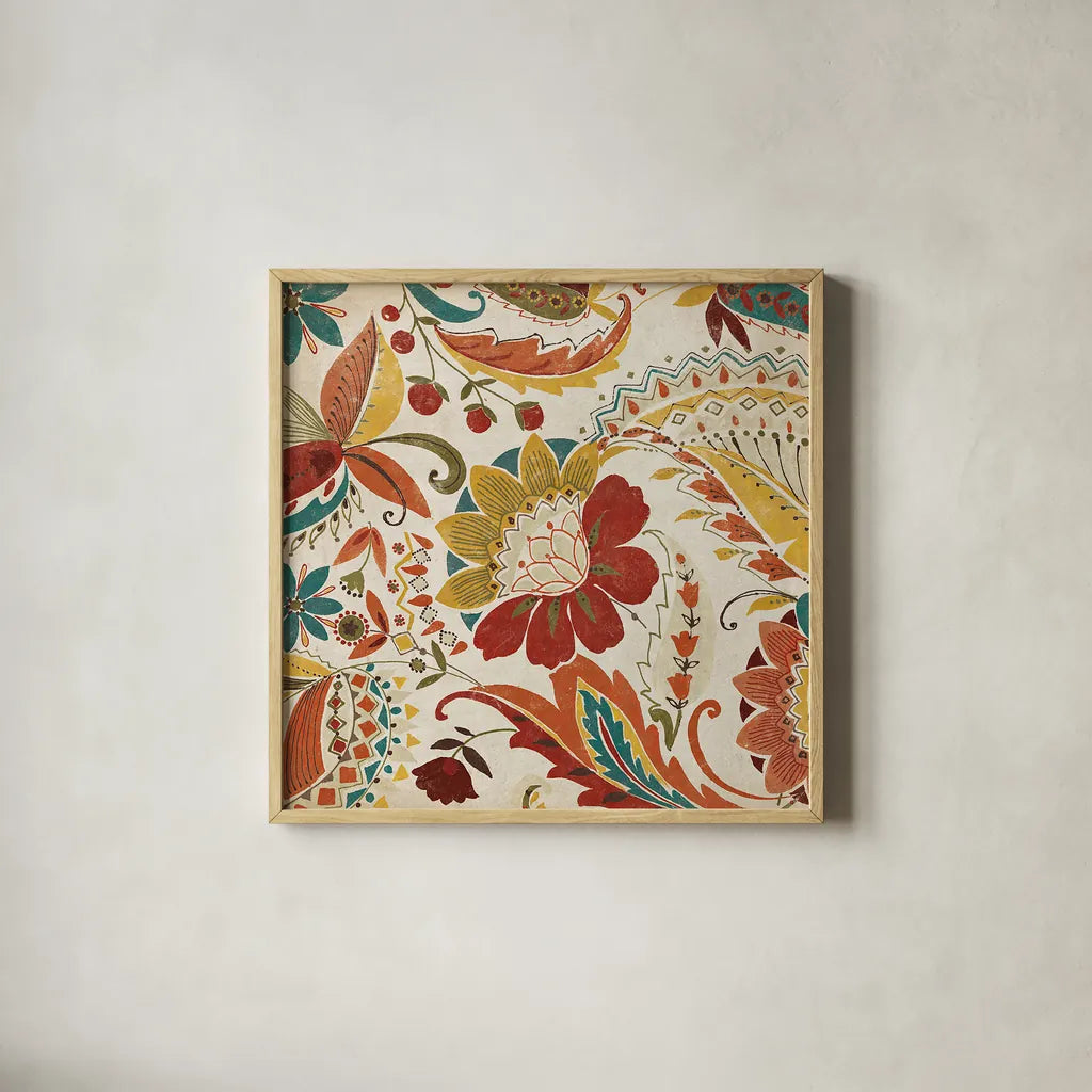 Boho Paisley Spice II by Wild Apple Portfolio. Shown in a natural wood glass frame for a timeless modern aesthetic. Available as an archival giclee rolled canvas, fine art paper, or poster print. SKU 21656a.