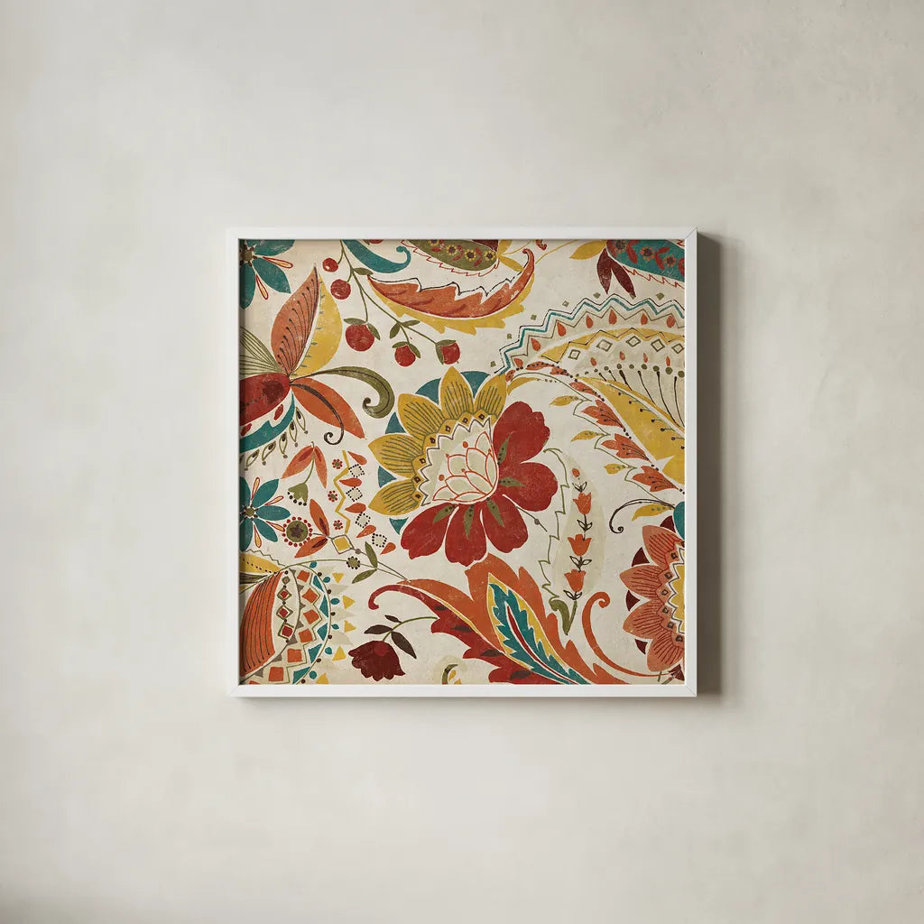 Boho Paisley Spice II by Wild Apple Portfolio. Shown in a crisp white glass frame for a clean and minimalist style. Available as an archival giclee rolled canvas, fine art paper, or poster print. SKU 21656a.