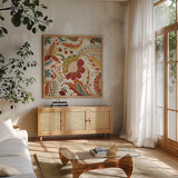 Boho Paisley Spice II by Wild Apple Portfolio. Shown in a natural wood frame in a cozy modern living room. Available as an archival giclee rolled canvas, fine art paper, or poster print. SKU 21656a.