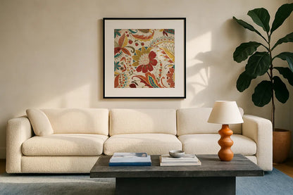 Boho Paisley Spice II by Wild Apple Portfolio. Displayed in a glass frame with matte in a clean modern living room. Available as an archival giclee rolled canvas, fine art paper, or poster print. SKU 21656a.