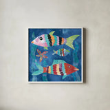 Boho Reef Fish I by Wild Apple Portfolio. Shown in a crisp white glass frame for a clean and minimalist style. Available as an archival giclee rolled canvas, fine art paper, or poster print. SKU 27595a.