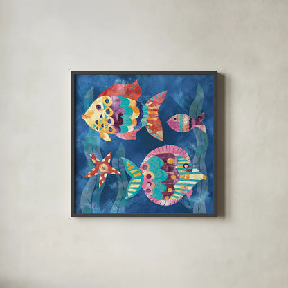 Boho Reef Fish II by Wild Apple Portfolio. Shown in a sleek black glass frame for a contemporary gallery look. Available as an archival giclee rolled canvas, fine art paper, or poster print. SKU 27596a.