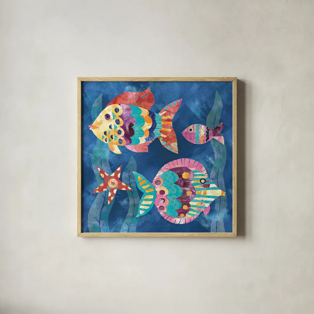 Boho Reef Fish II by Wild Apple Portfolio. Shown in a natural wood glass frame for a timeless modern aesthetic. Available as an archival giclee rolled canvas, fine art paper, or poster print. SKU 27596a.