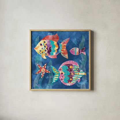 Boho Reef Fish II by Wild Apple Portfolio. Shown in a natural wood glass frame for a timeless modern aesthetic. Available as an archival giclee rolled canvas, fine art paper, or poster print. SKU 27596a.