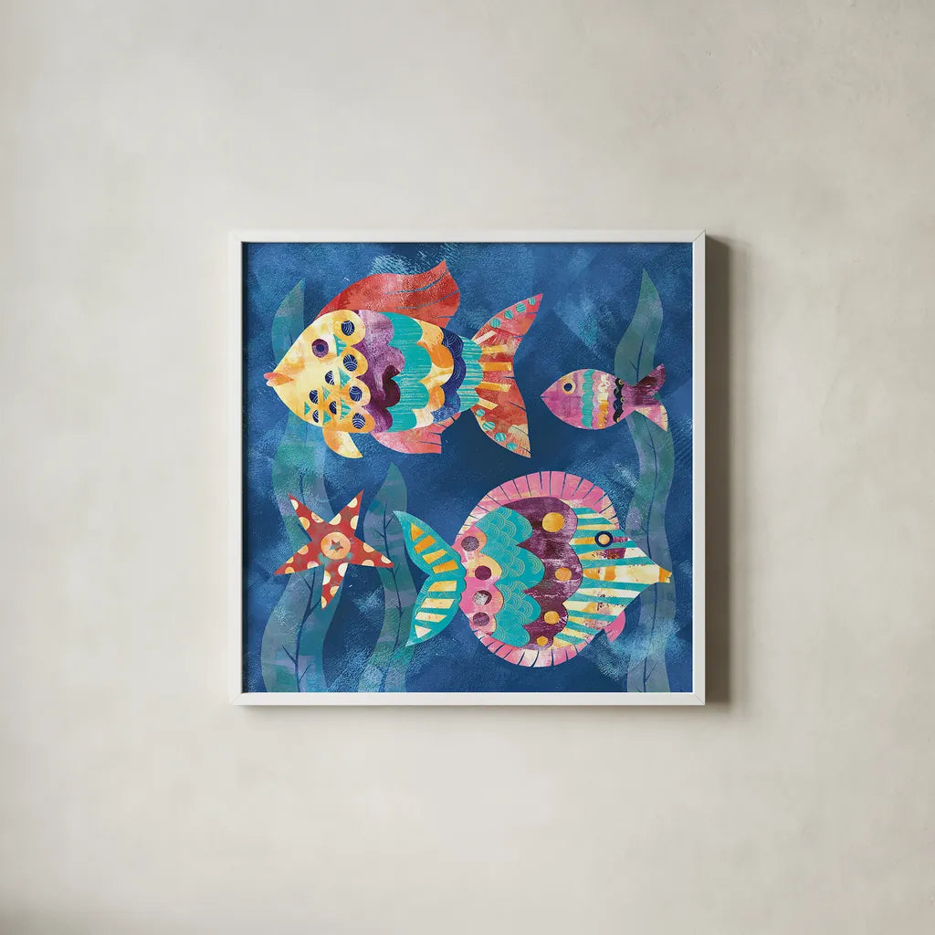 Boho Reef Fish II by Wild Apple Portfolio. Shown in a crisp white glass frame for a clean and minimalist style. Available as an archival giclee rolled canvas, fine art paper, or poster print. SKU 27596a.