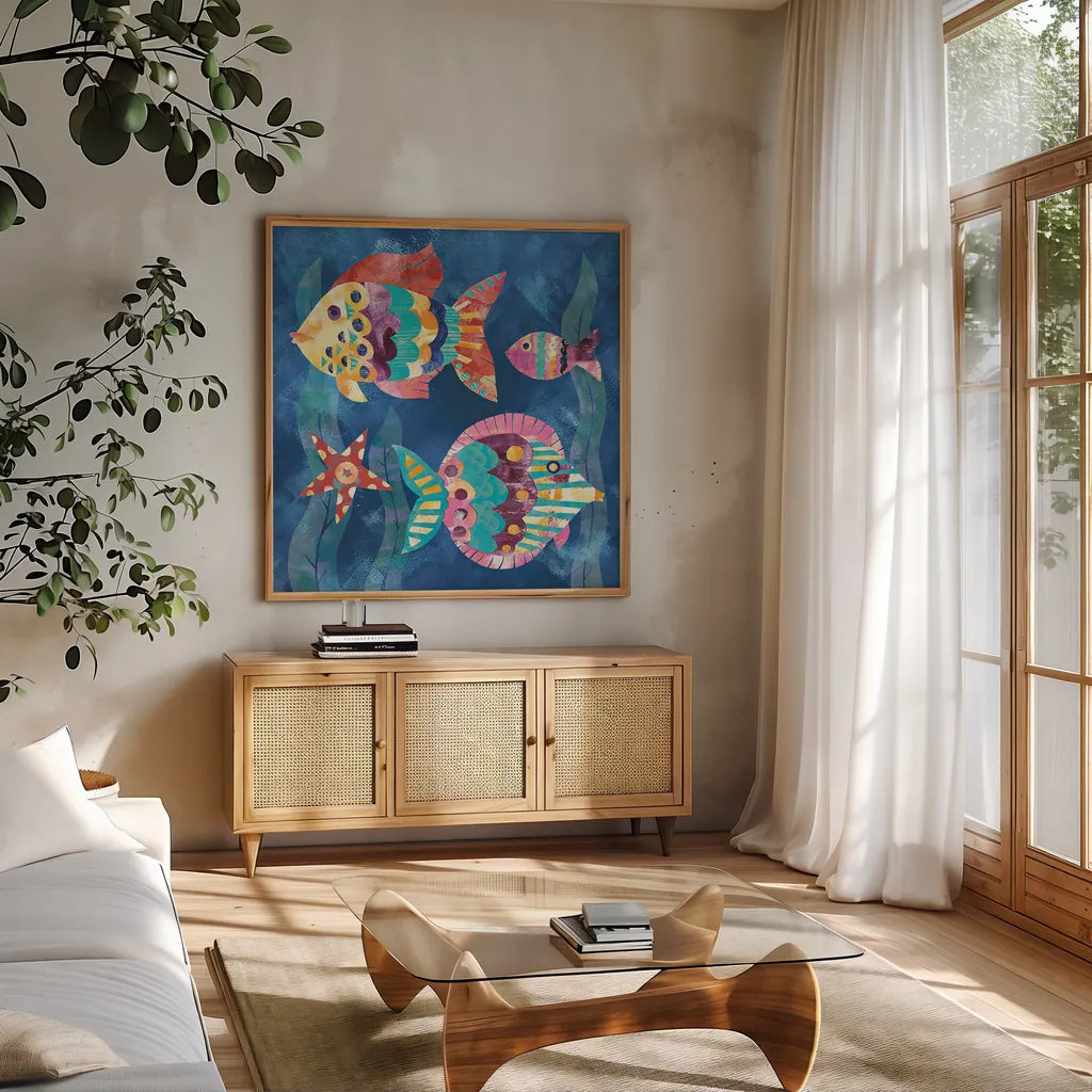 Boho Reef Fish II by Wild Apple Portfolio. Shown in a natural wood frame in a cozy modern living room. Available as an archival giclee rolled canvas, fine art paper, or poster print. SKU 27596a.