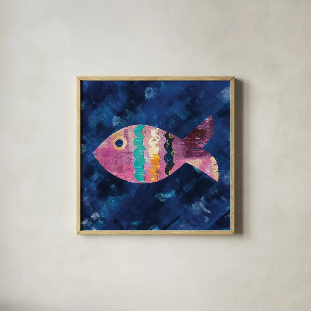 Boho Reef III by Wild Apple Portfolio. Shown in a natural wood glass frame for a timeless modern aesthetic. Available as an archival giclee rolled canvas, fine art paper, or poster print. SKU 27372a.